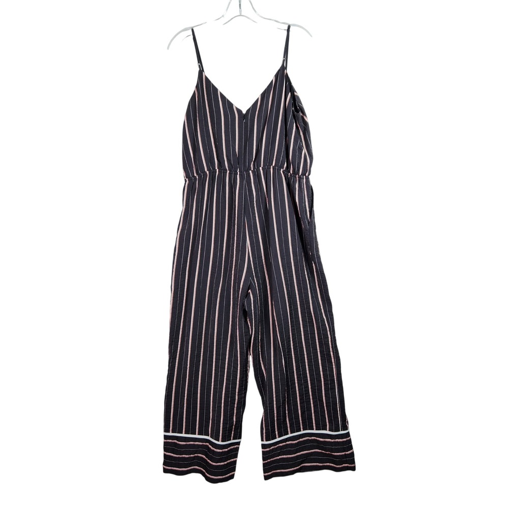 Vince Camuto Striped Jumpsuit Womens XL Black Wide Leg Culotte Pockets Casual